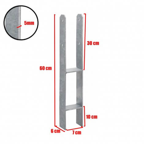 Suport stâlp tip H, fixare în beton 7 x 60/30cm