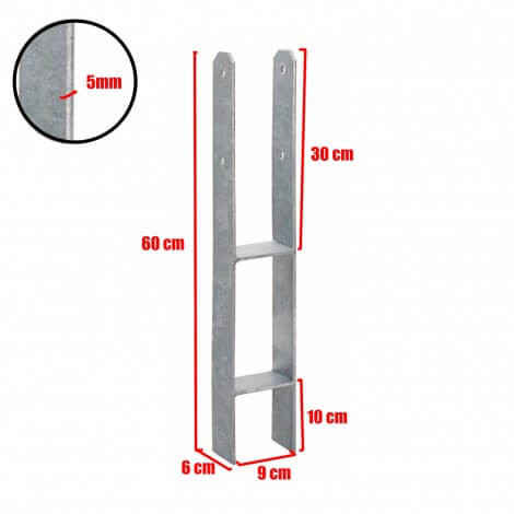 Suport stâlp tip H, fixare în beton 9 x 60/30cm