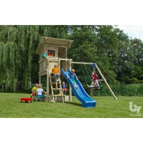   Blue Rabbit complex de joaca format din turn Beach Hut cu tobogan, echipat cu modul de leagan, minipicnic si modul perete de catarat Wall  